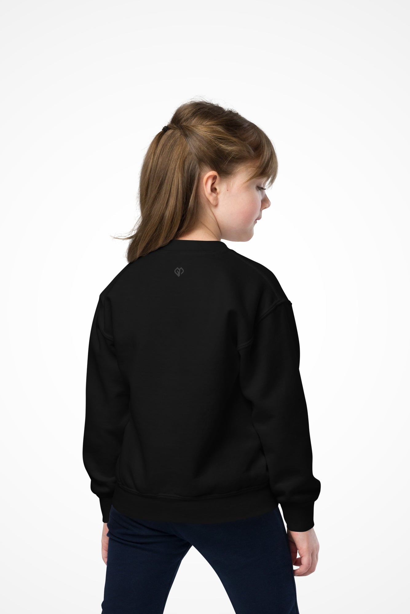 Girls Never Give Up Gymplode crewneck sweatshirt with icon logo, back view with model
