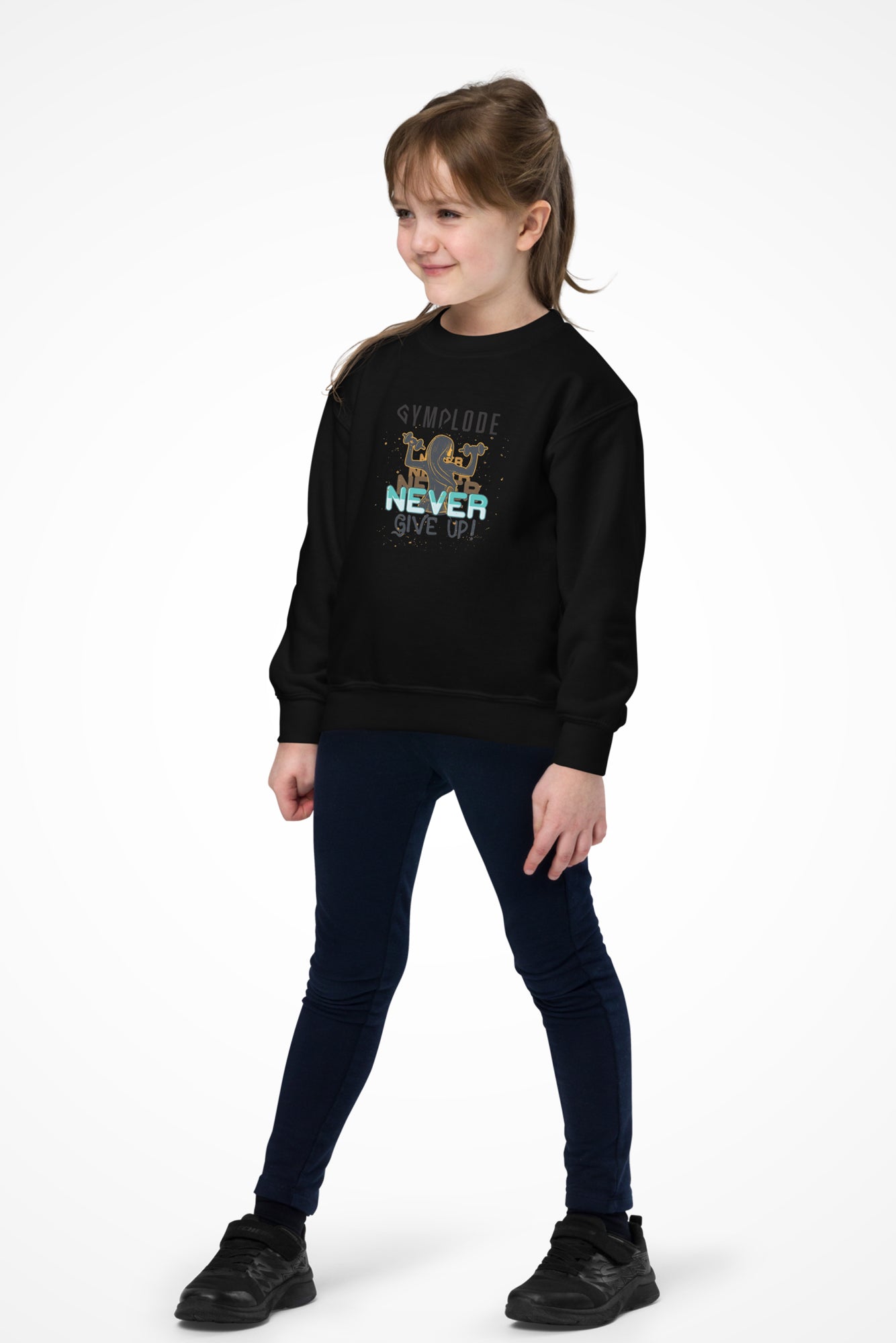 Girls Never Give Up Gymplode crewneck sweatshirt with signature logo, front view with model