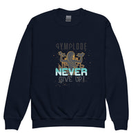 Girls Never Give Up navy Gymplode crewneck sweatshirt with signature logo, front view