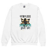 Girls Never Give Up white Gymplode crewneck sweatshirt with signature logo, front view