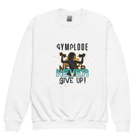 Girls Never Give Up white Gymplode crewneck sweatshirt with signature logo, front view