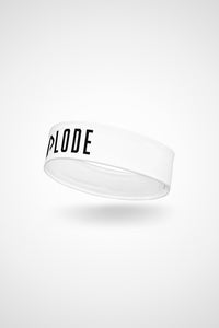 Glacier white Gymplode headband with signature logo, angled view
