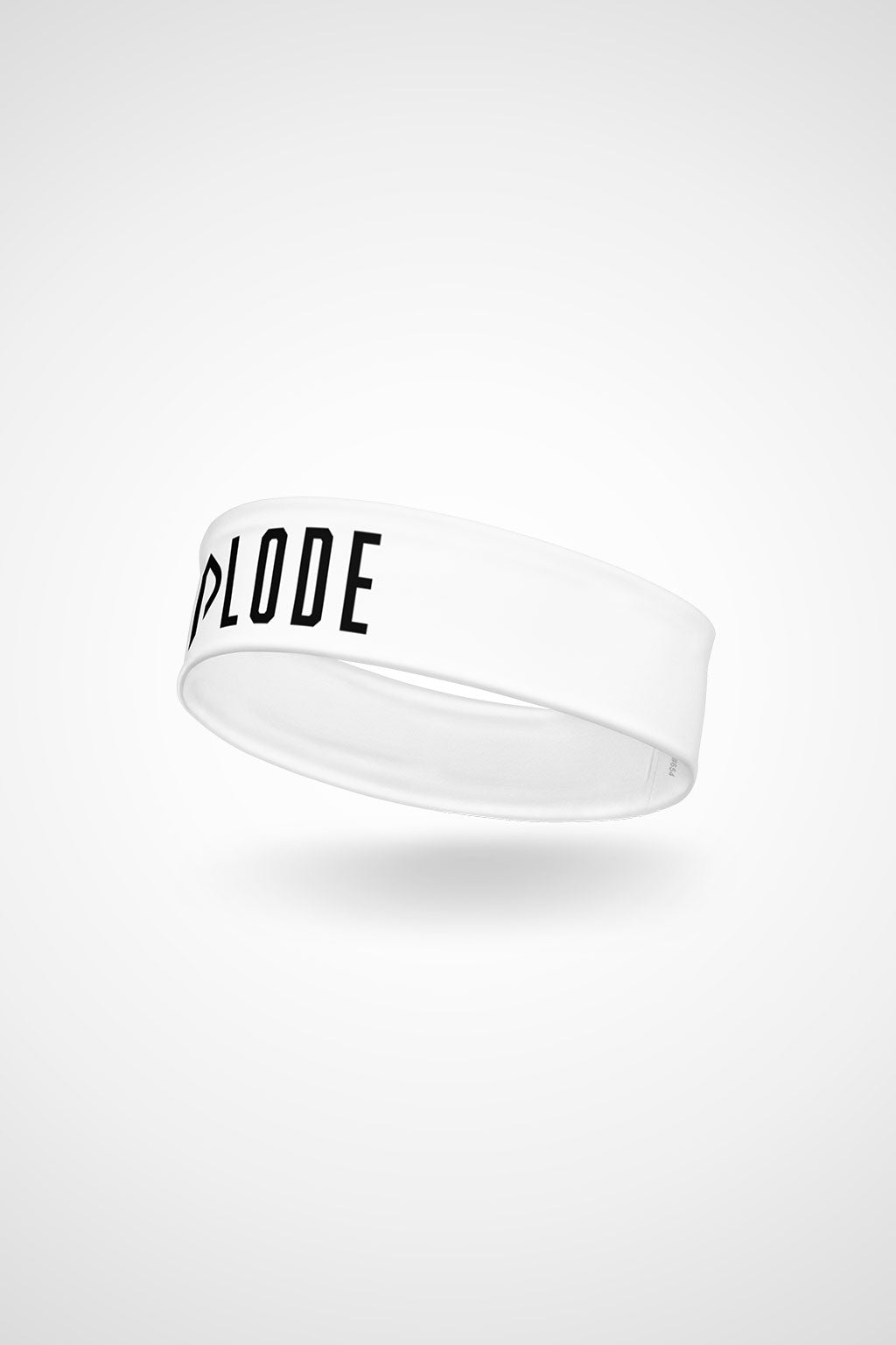 Glacier white Gymplode headband with signature logo, angled view