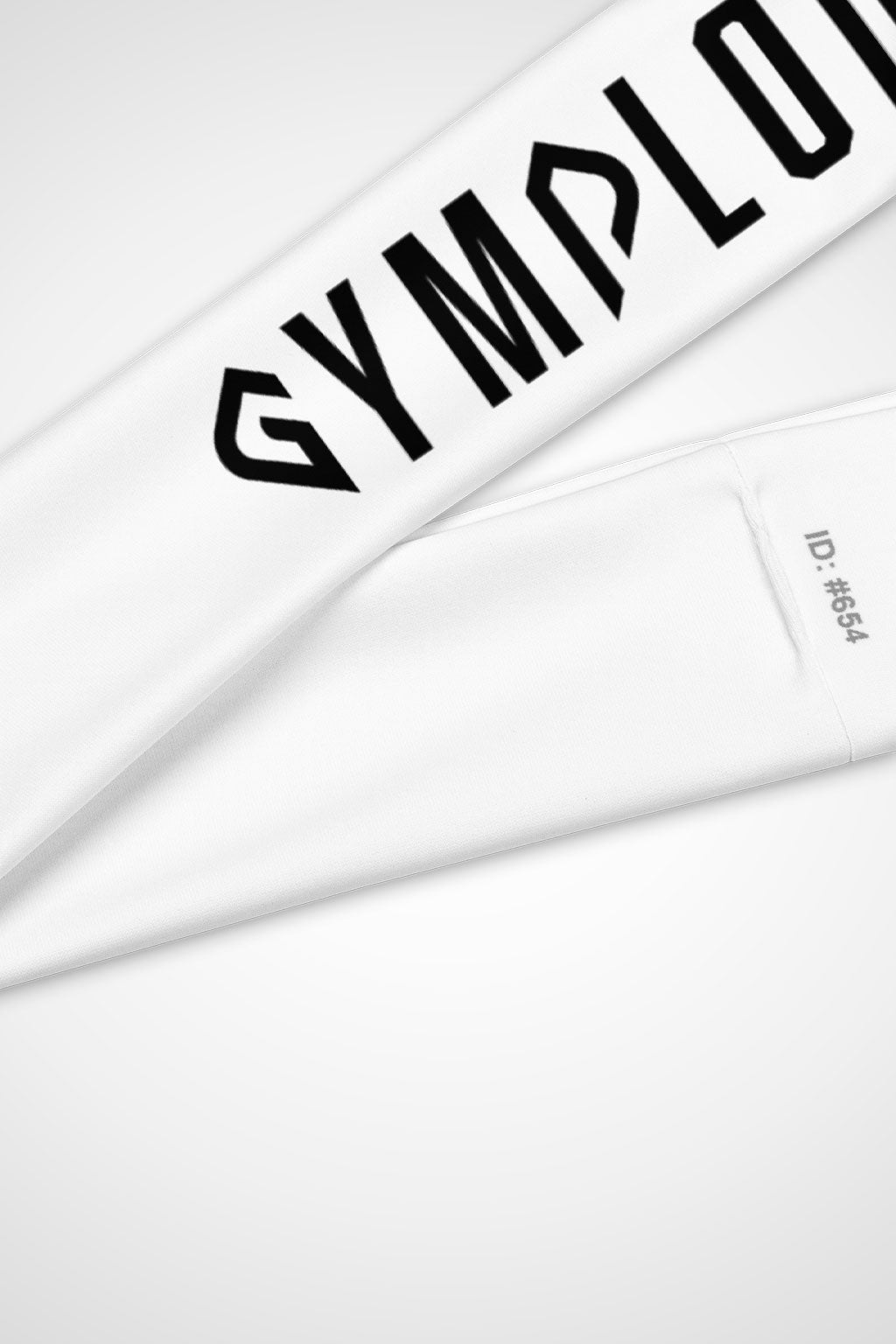 Close up view of Gymplode signature logo on glacier white headband