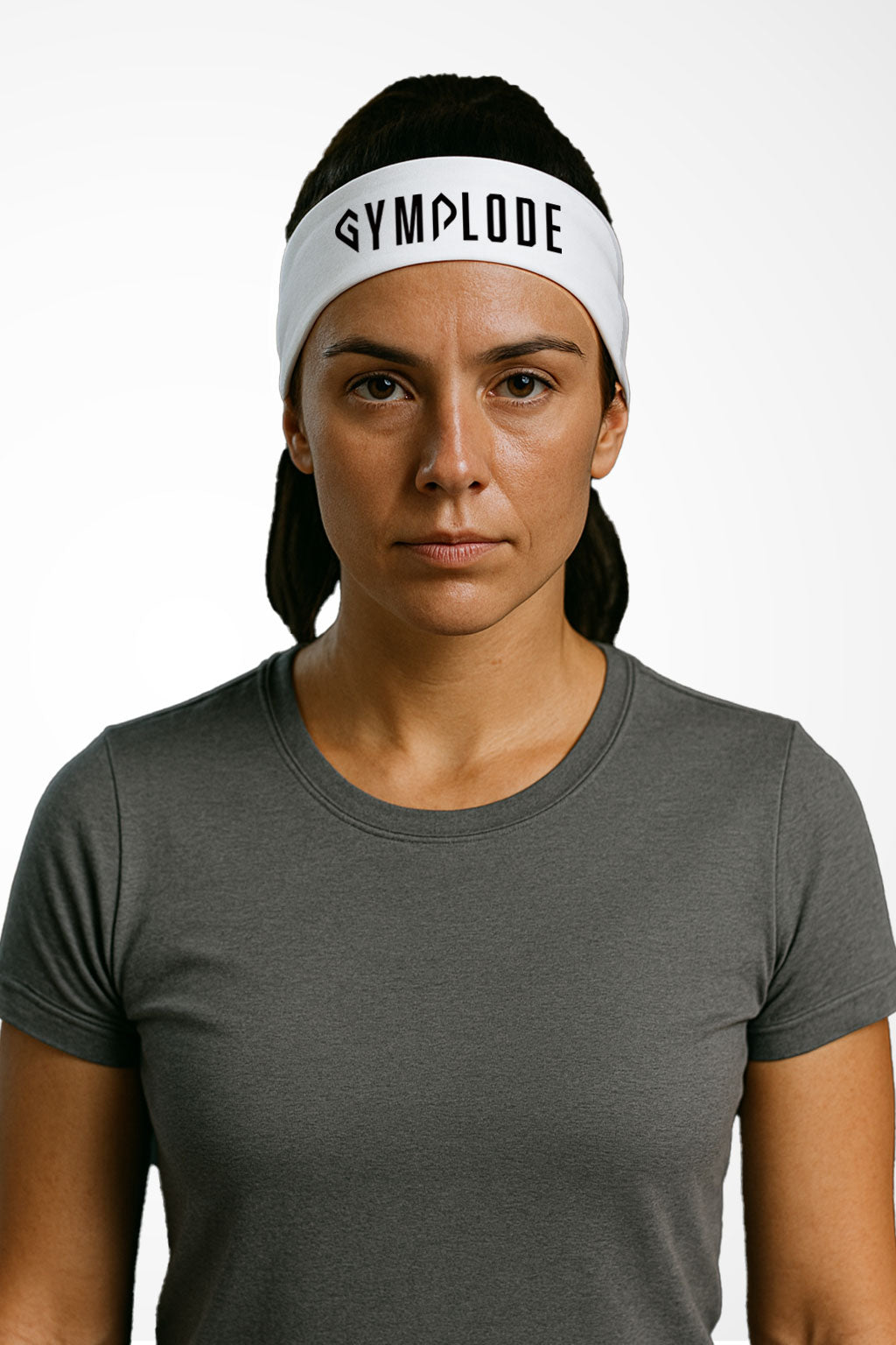 Glacier white Gymplode headband with signature logo, worn by female model