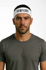 Glacier white Gymplode headband with signature logo, worn by male model