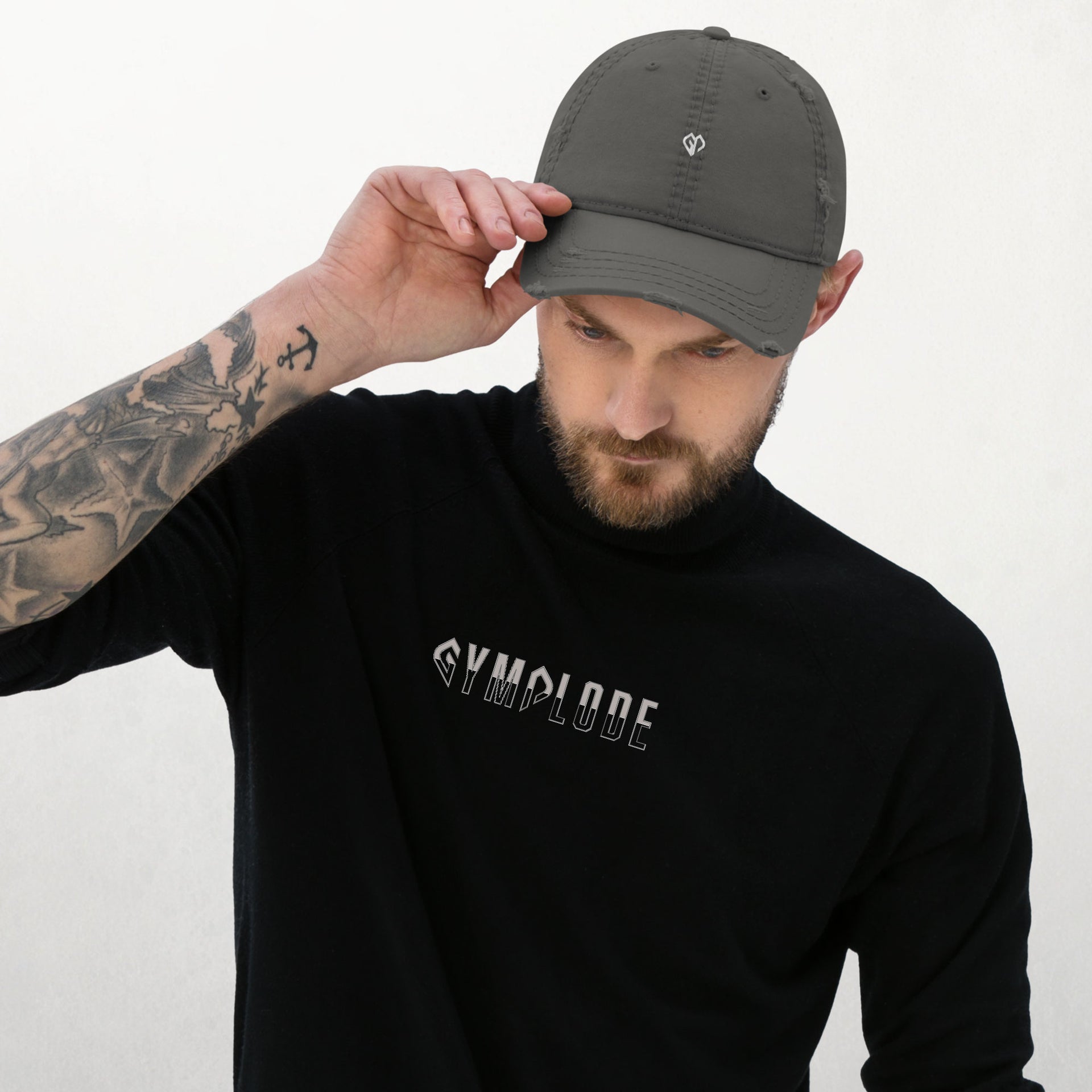 Grey coming soon Gymplode cap with white male model