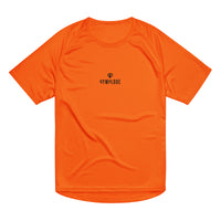 Neon orange Push The Limits unisex sports t-shirt with Gymplode dual mark, front view