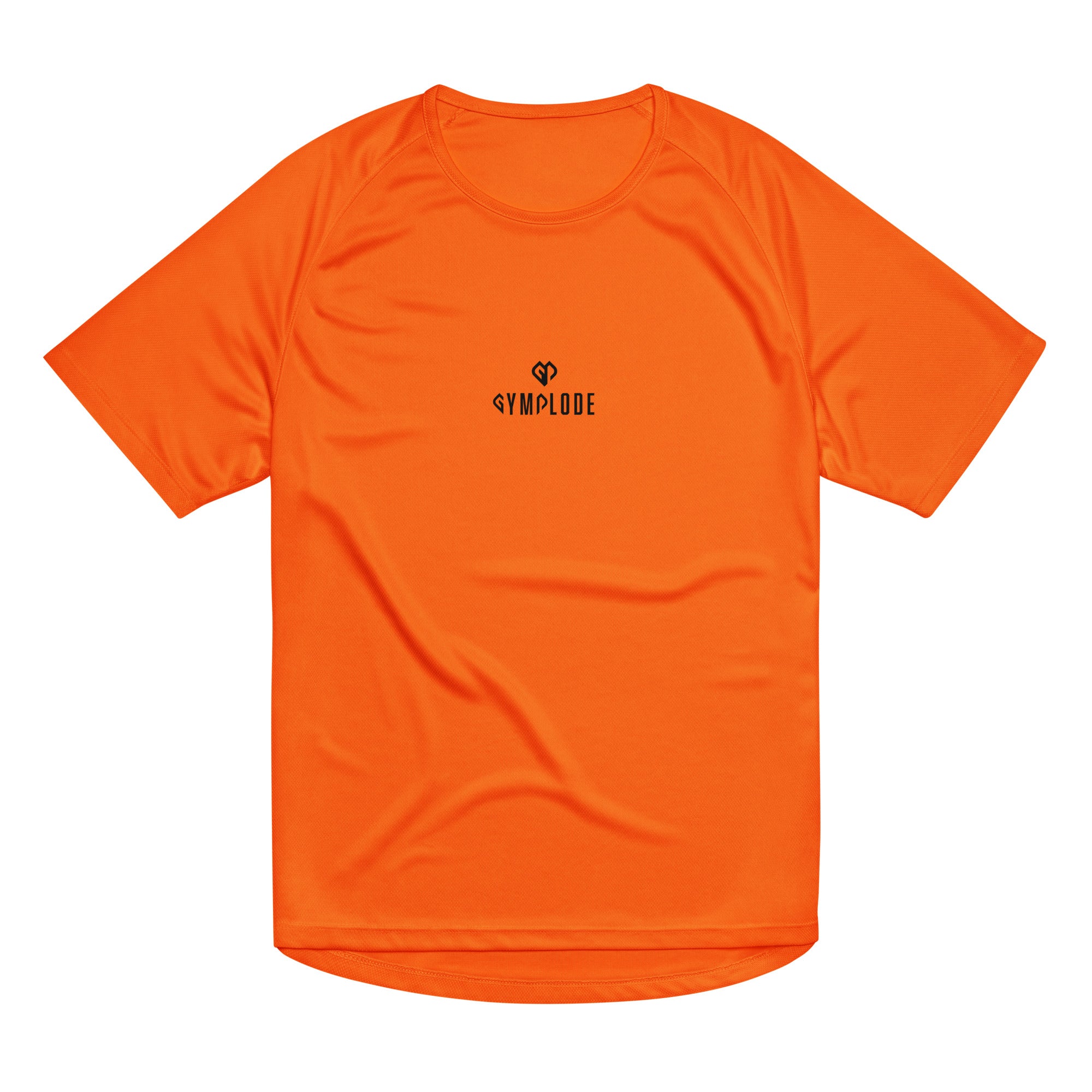 Neon orange Push The Limits unisex sports t-shirt with Gymplode dual mark, front view