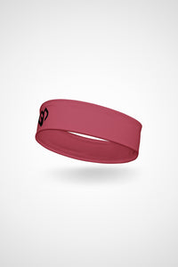 Hippie pink Gymplode headband with icon logo, angled view