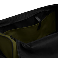Hunter green square end Gymplode duffle bag with no print, inside pocket view