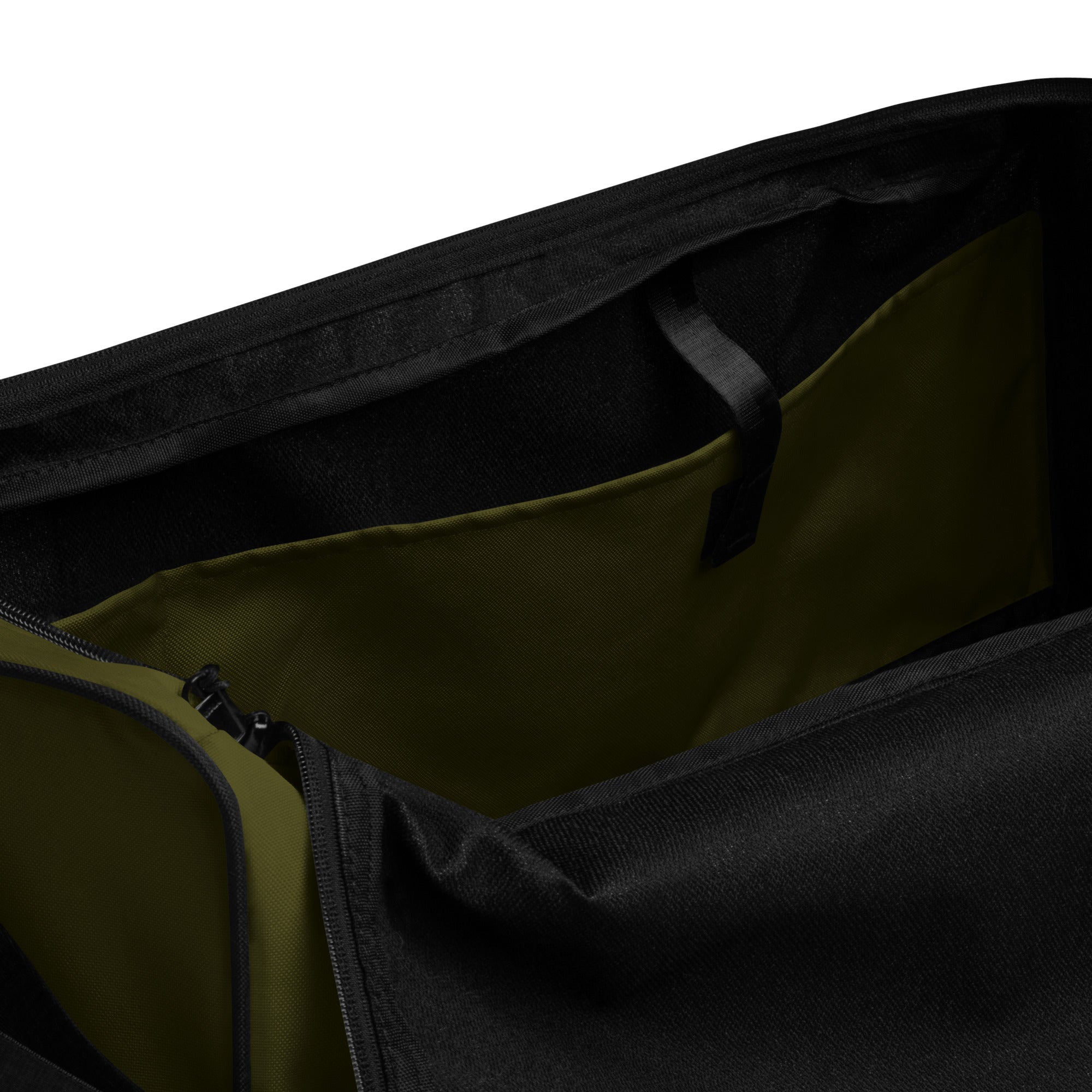 Hunter green square end Gymplode duffle bag with no print, inside pocket view