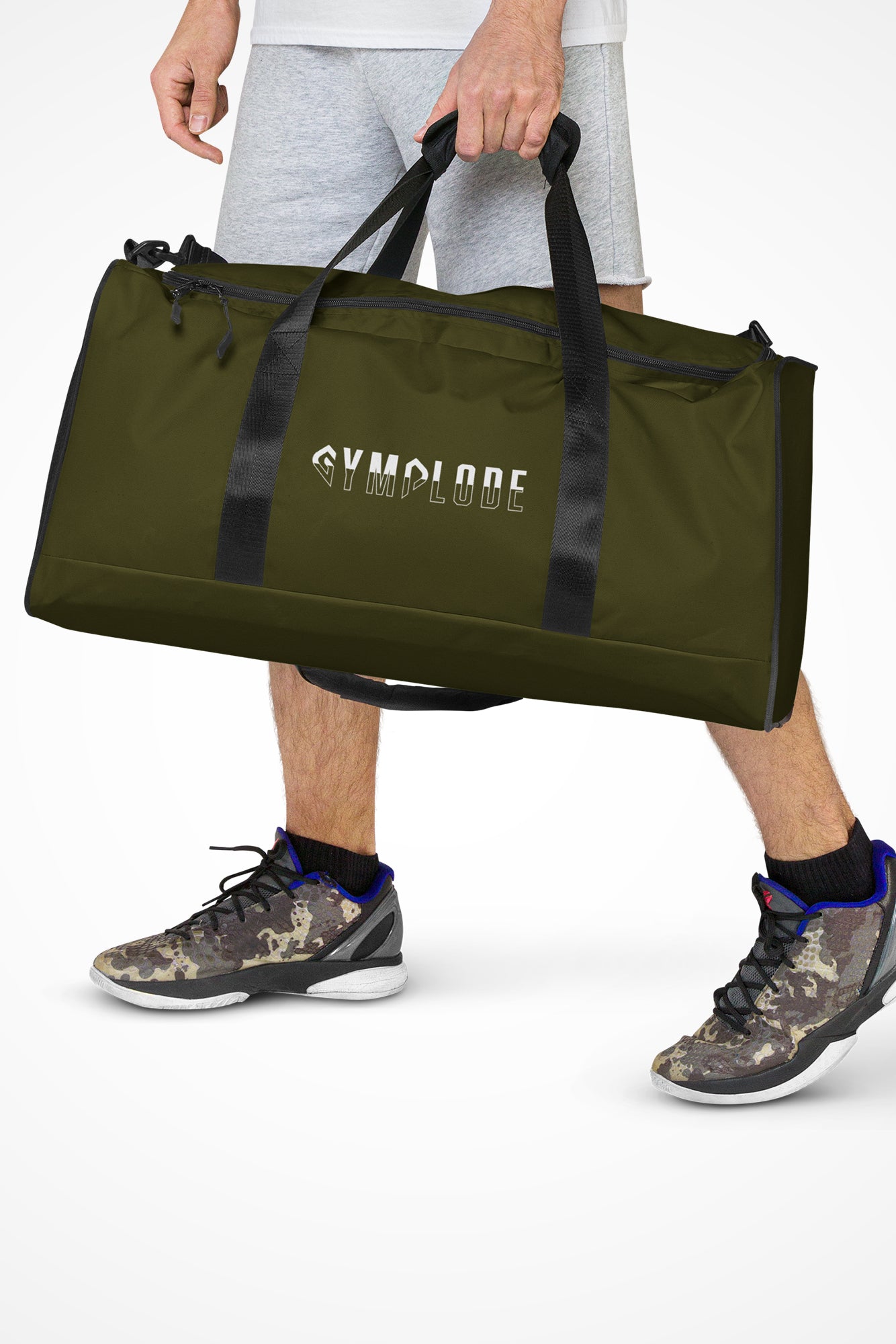 Hunter green square end Gymplode duffle bag with signature logo, front view with model