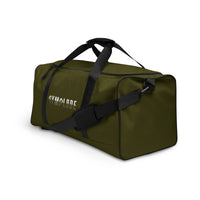 Hunter green square end Gymplode duffle bag with signature logo, left front view