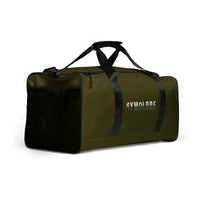 Hunter green square end Gymplode duffle bag with signature logo, right front view