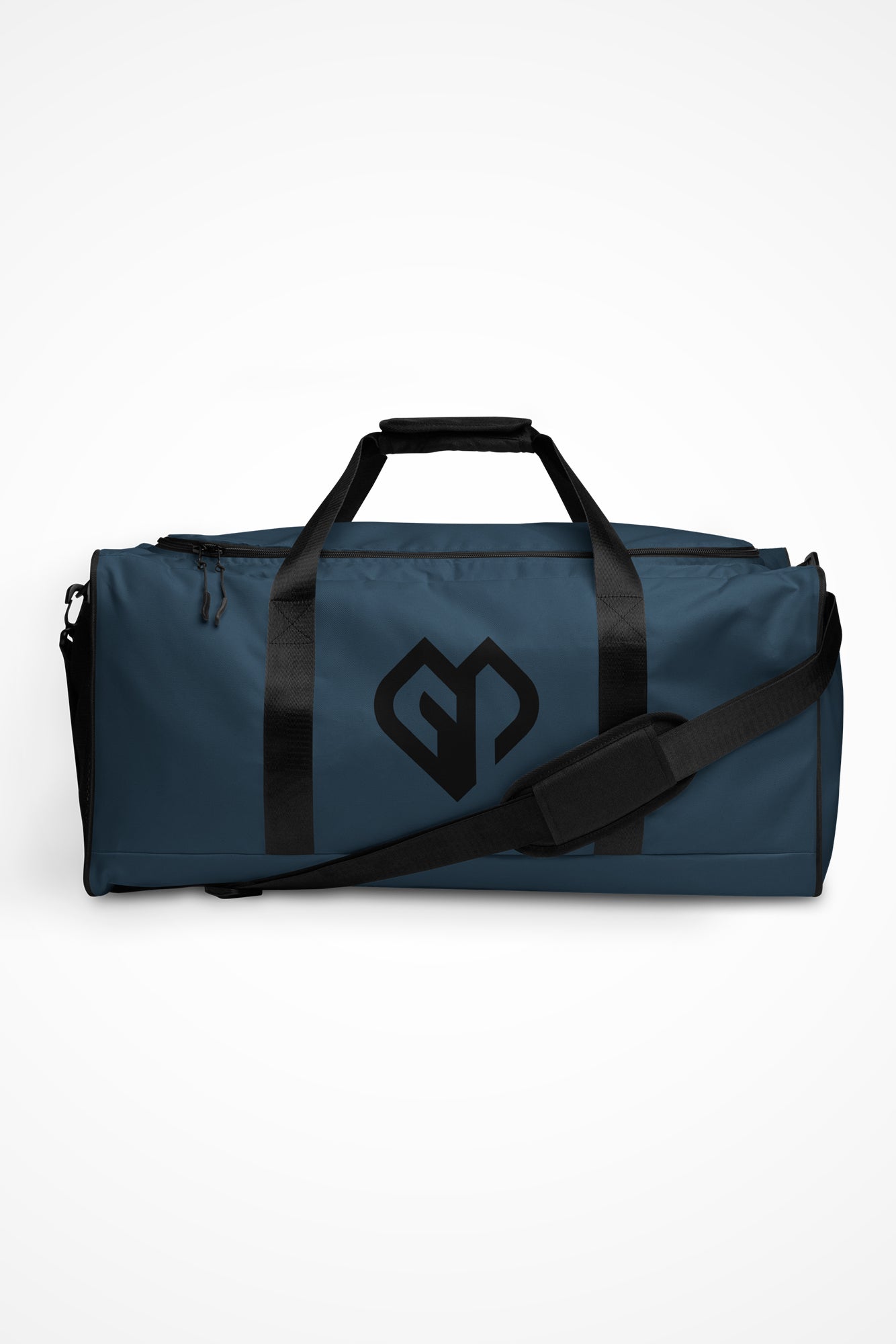 Indigo blue square end Gymplode duffle bag with icon logo, front view