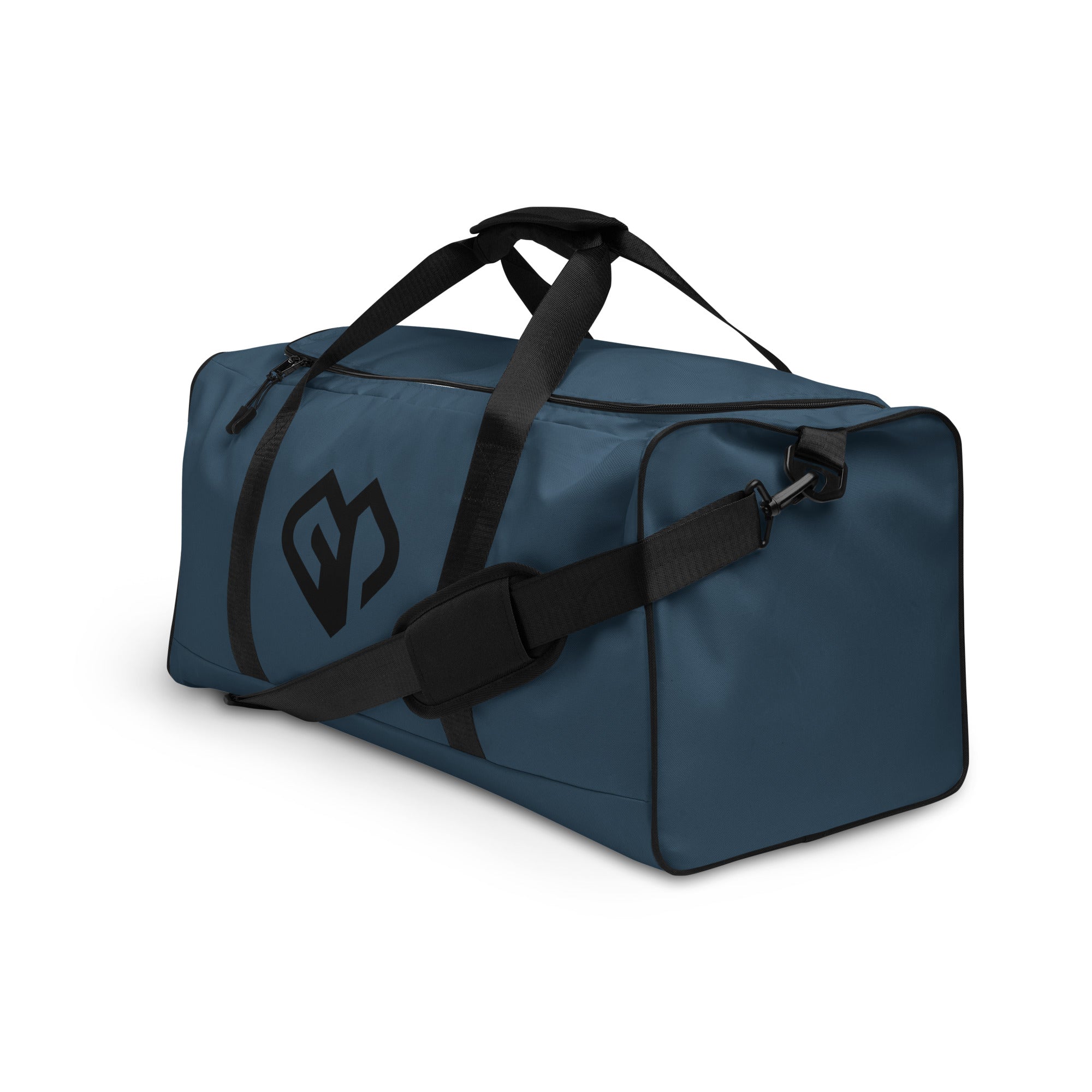 Indigo blue square end Gymplode duffle bag with icon logo, left front view