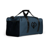 Indigo blue square end Gymplode duffle bag with icon logo, right front view