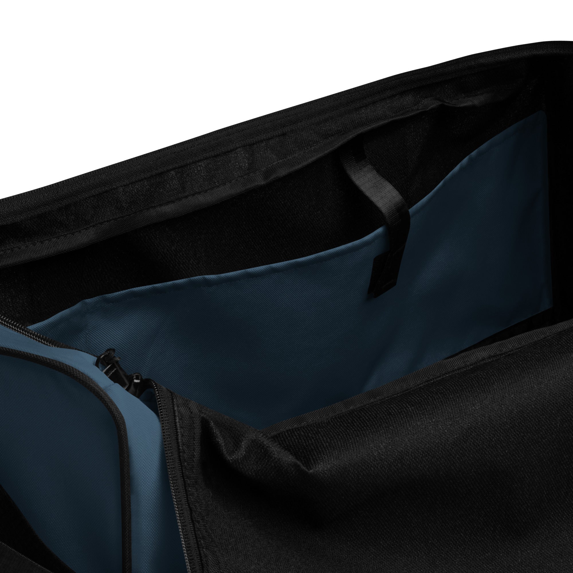 Indigo blue square end Gymplode duffle bag with no print, inside pocket view