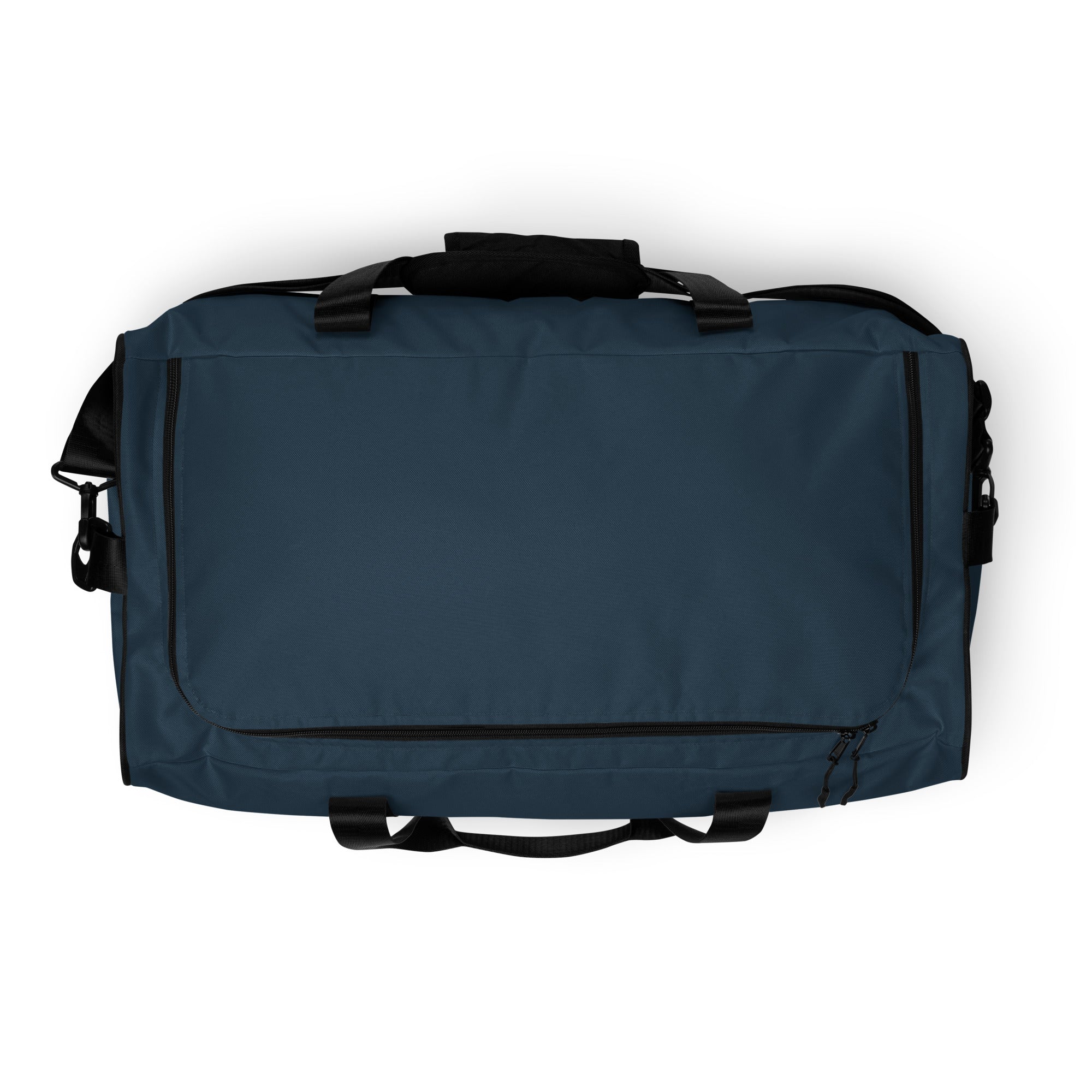 Indigo blue square end Gymplode duffle bag with no print, top view