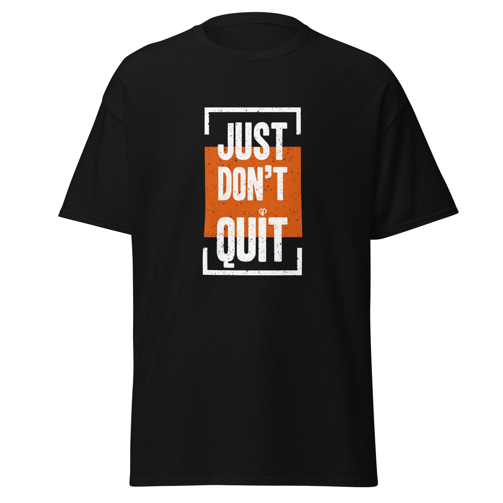 Just Don't Quit relaxed fit unisex black Gymplode t-shirt with iconic imprint, front view