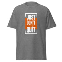 Just Don't Quit relaxed fit unisex graphite heather Gymplode t-shirt with iconic imprint, front view