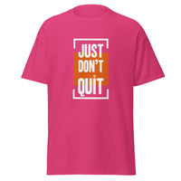 Just Don't Quit relaxed fit unisex heliconia Gymplode t-shirt with iconic imprint, front view