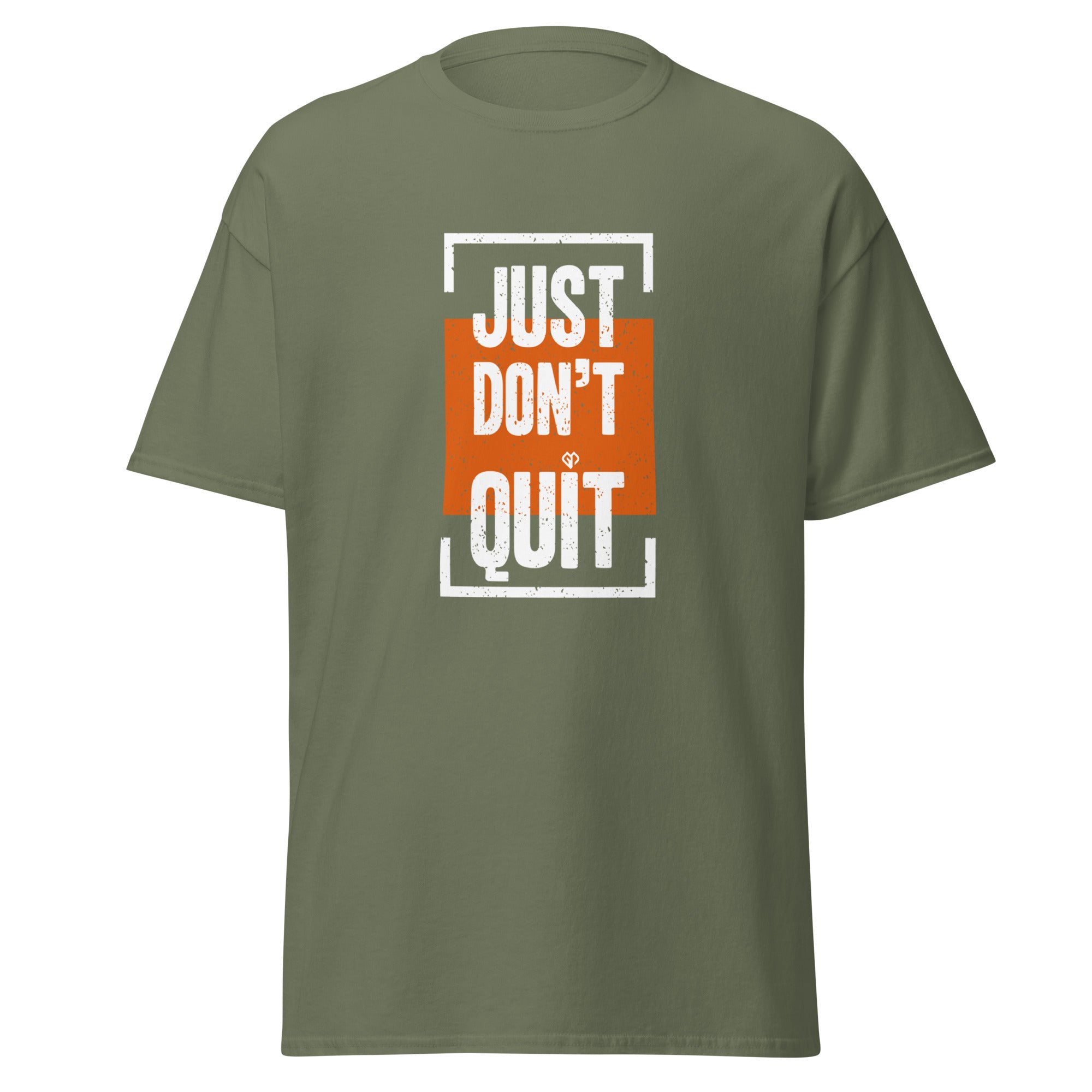Just Don't Quit relaxed fit unisex military green Gymplode t-shirt with iconic imprint, front view