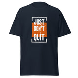 Just Don't Quit relaxed fit unisex navy Gymplode t-shirt with iconic imprint, front view