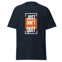 Just Don't Quit relaxed fit unisex navy Gymplode t-shirt with iconic imprint, front view