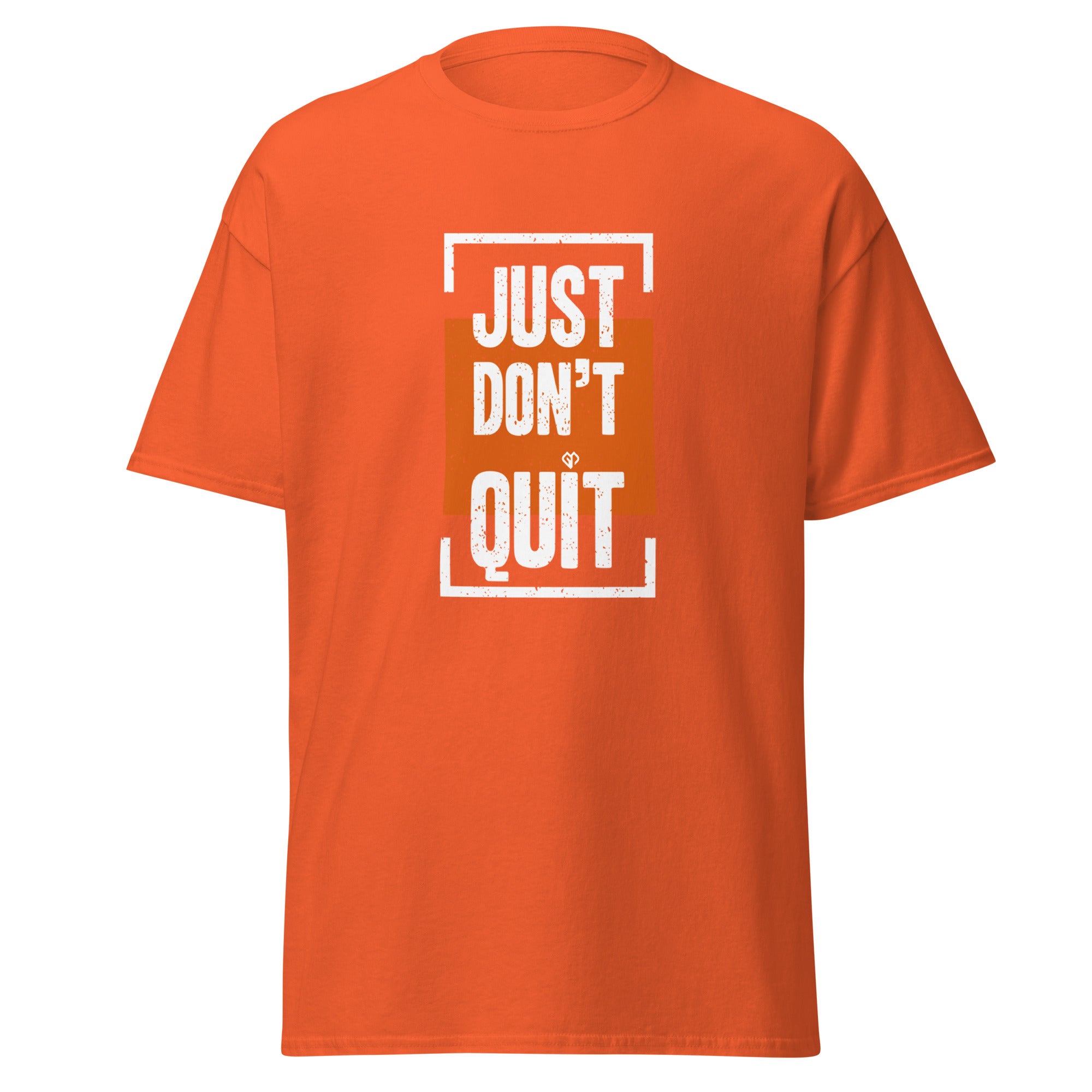 Just Don't Quit relaxed fit unisex orange Gymplode t-shirt with iconic imprint, front view