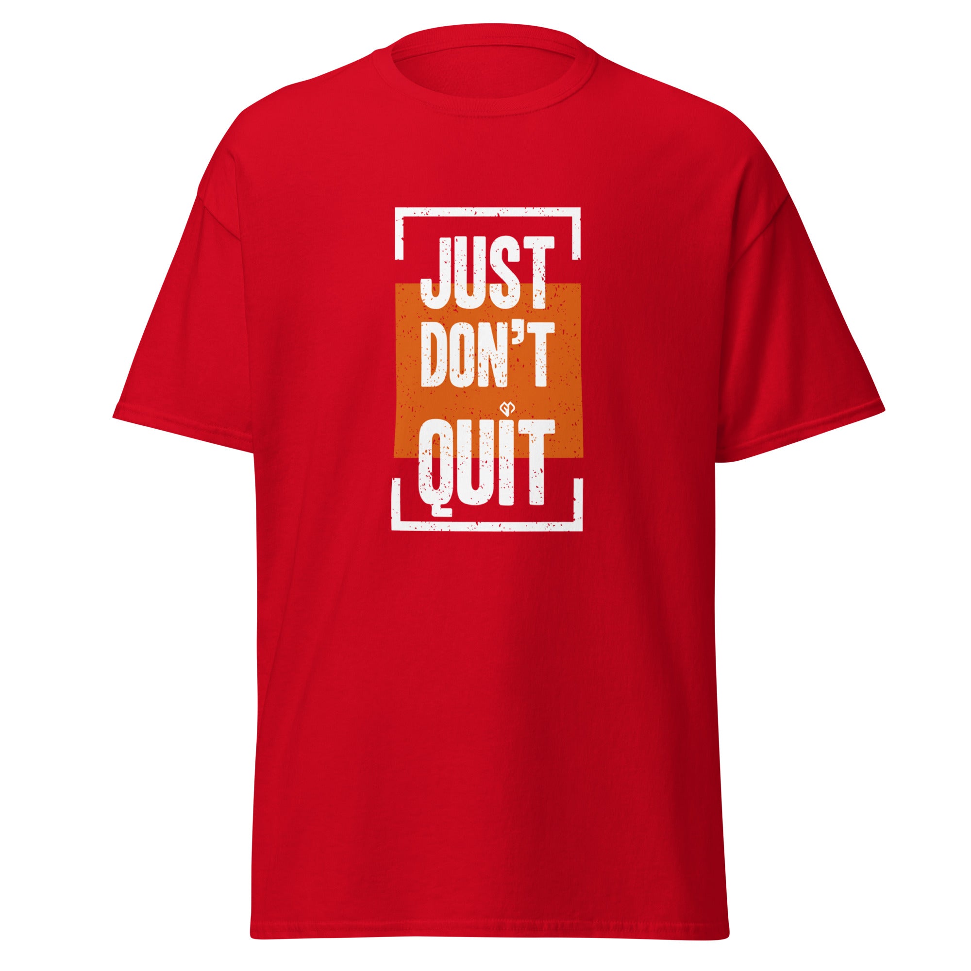 Just Don't Quit relaxed fit unisex red Gymplode t-shirt with iconic imprint, front view