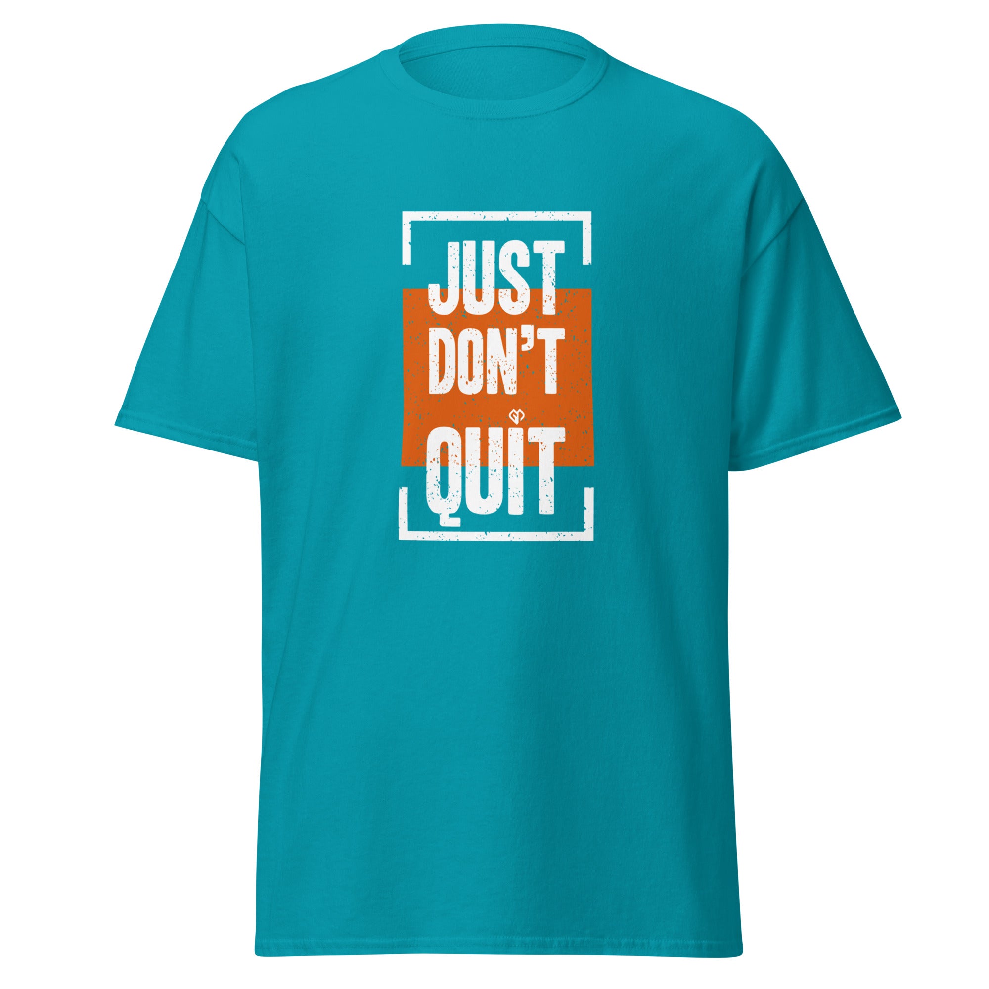 Just Don't Quit relaxed fit unisex tropical blue Gymplode t-shirt with iconic imprint, front view