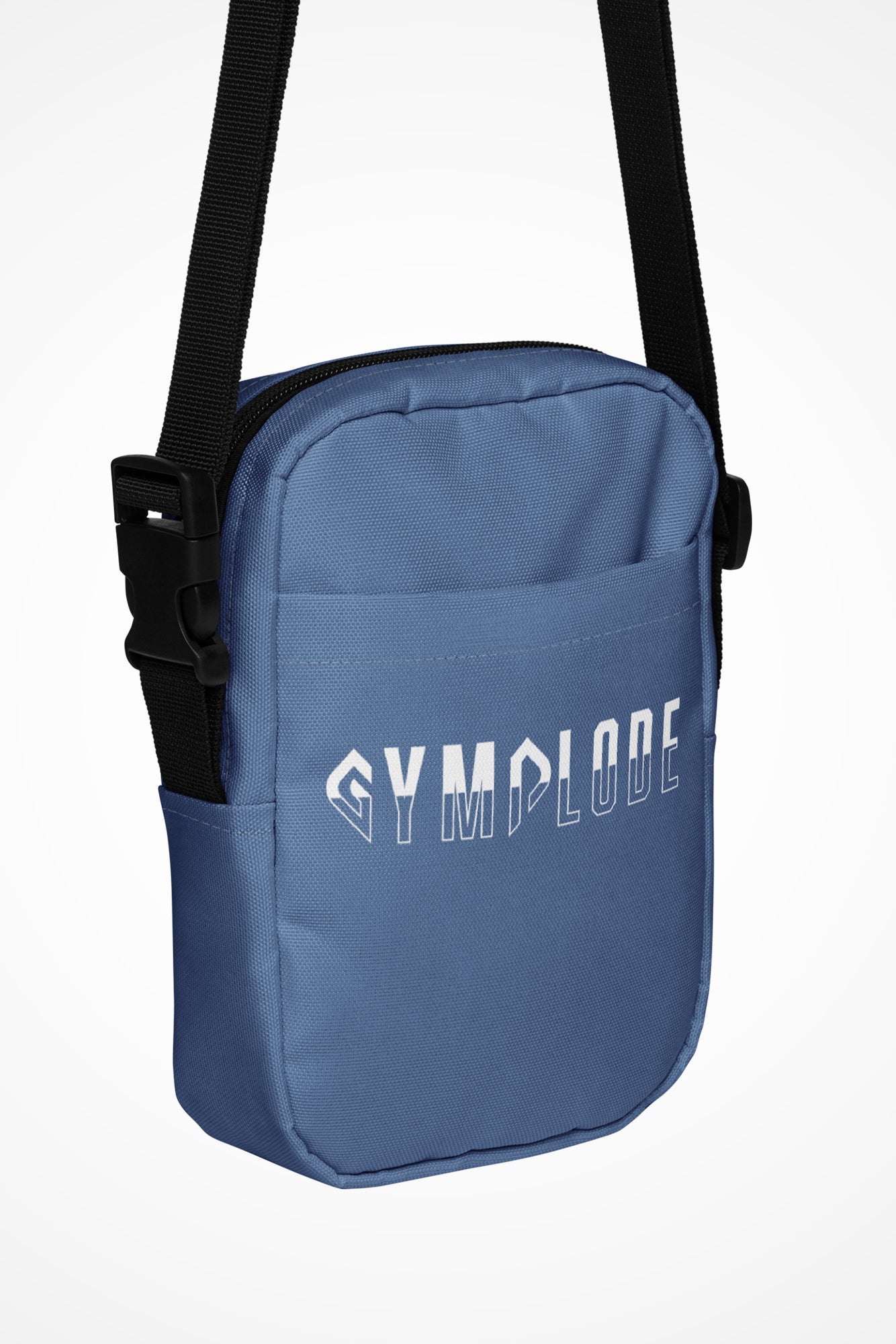 Kashmir blue Gymplode slingback utility bag with signature logo, front view