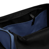Kashmir blue square end Gymplode duffle bag with no print, inside pocket view