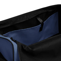Kashmir blue square end Gymplode duffle bag with no print, inside pocket view