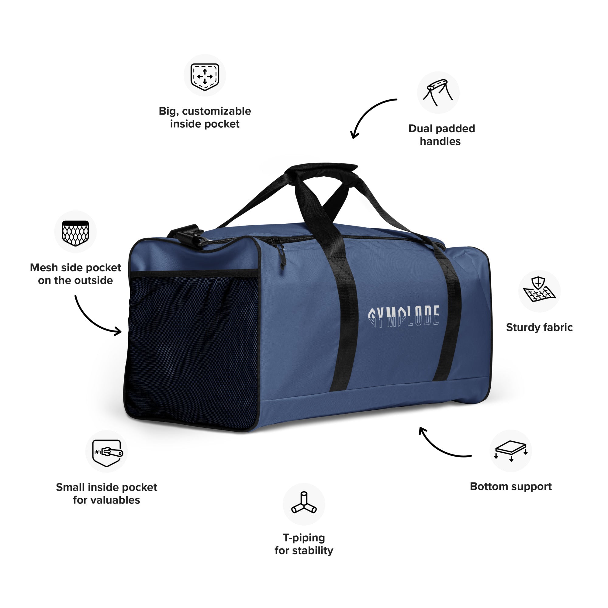 Kashmir blue square end Gymplode duffle bag key features