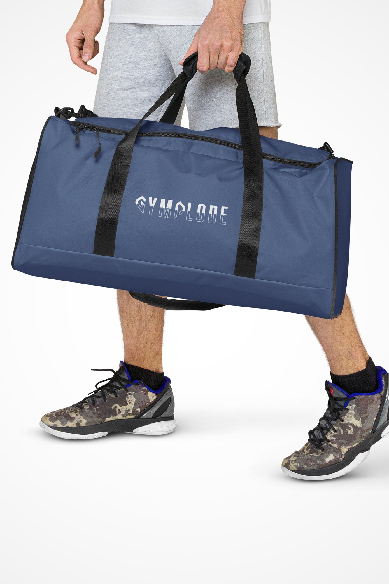 Kashmir blue square end Gymplode duffle bag with signature logo, front view with model