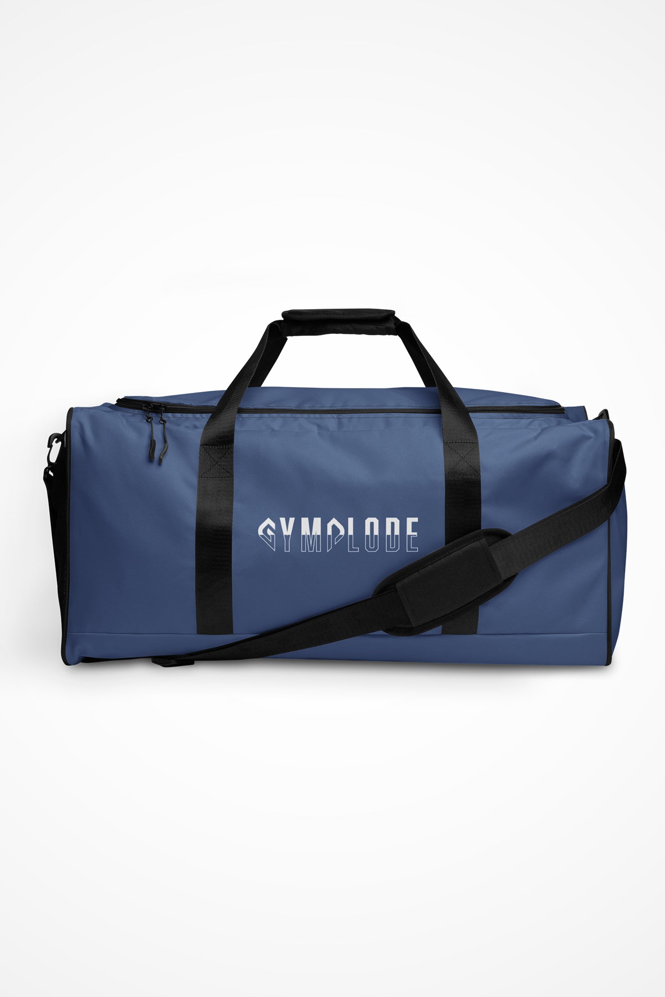 Kashmir blue square end Gymplode duffle bag with signature logo, front view
