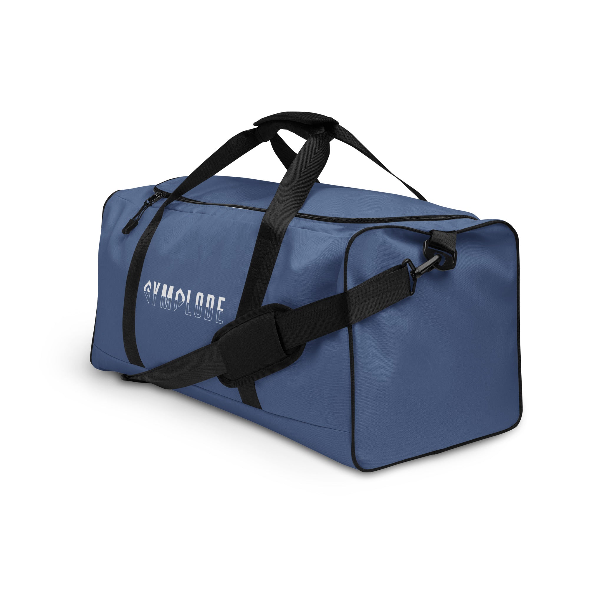 Kashmir blue square end Gymplode duffle bag with signature logo, left front view