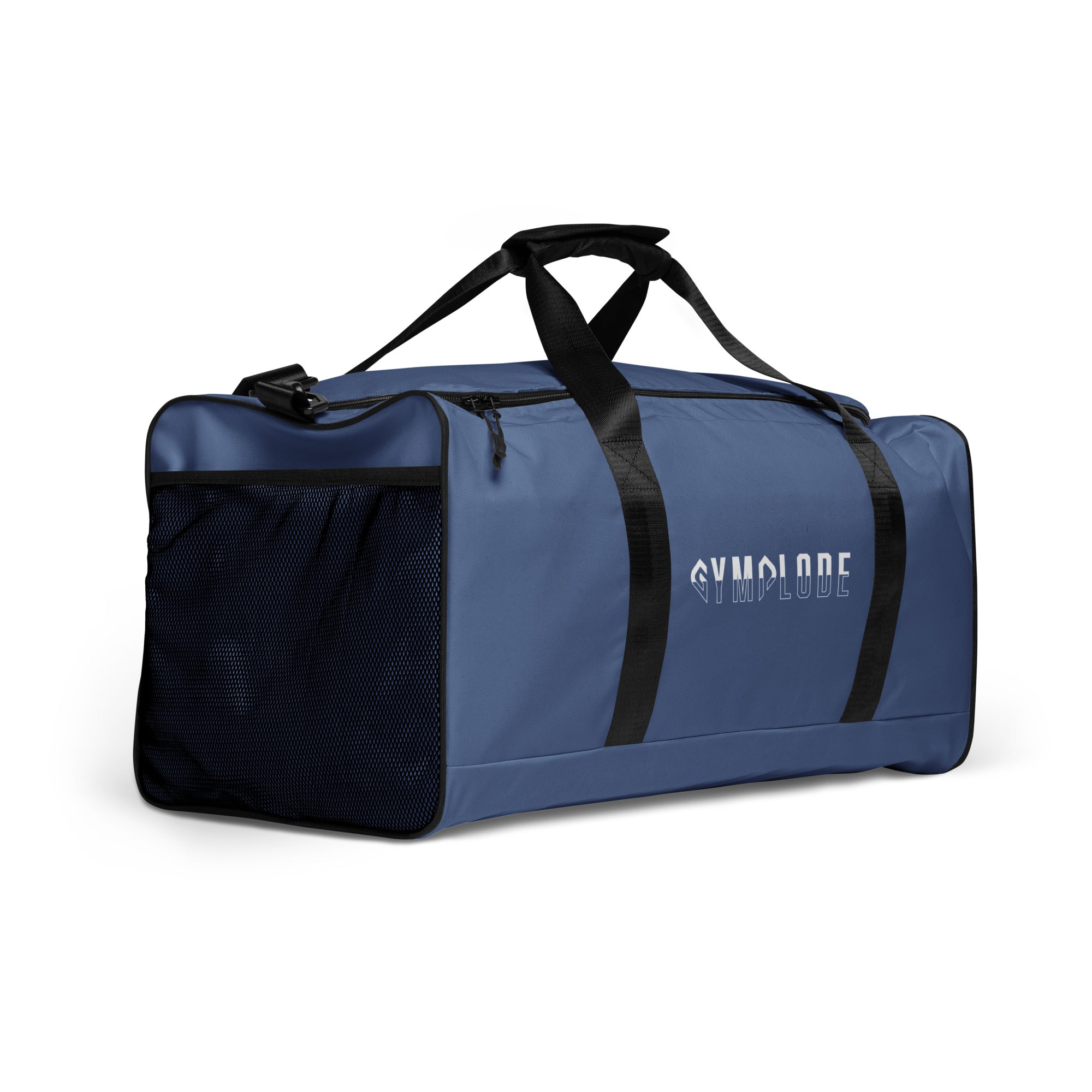 Kashmir blue square end Gymplode duffle bag with signature logo, right front view