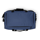 Kashmir blue square end Gymplode duffle bag with no print, top view