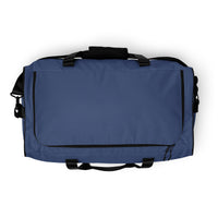 Kashmir blue square end Gymplode duffle bag with no print, top view