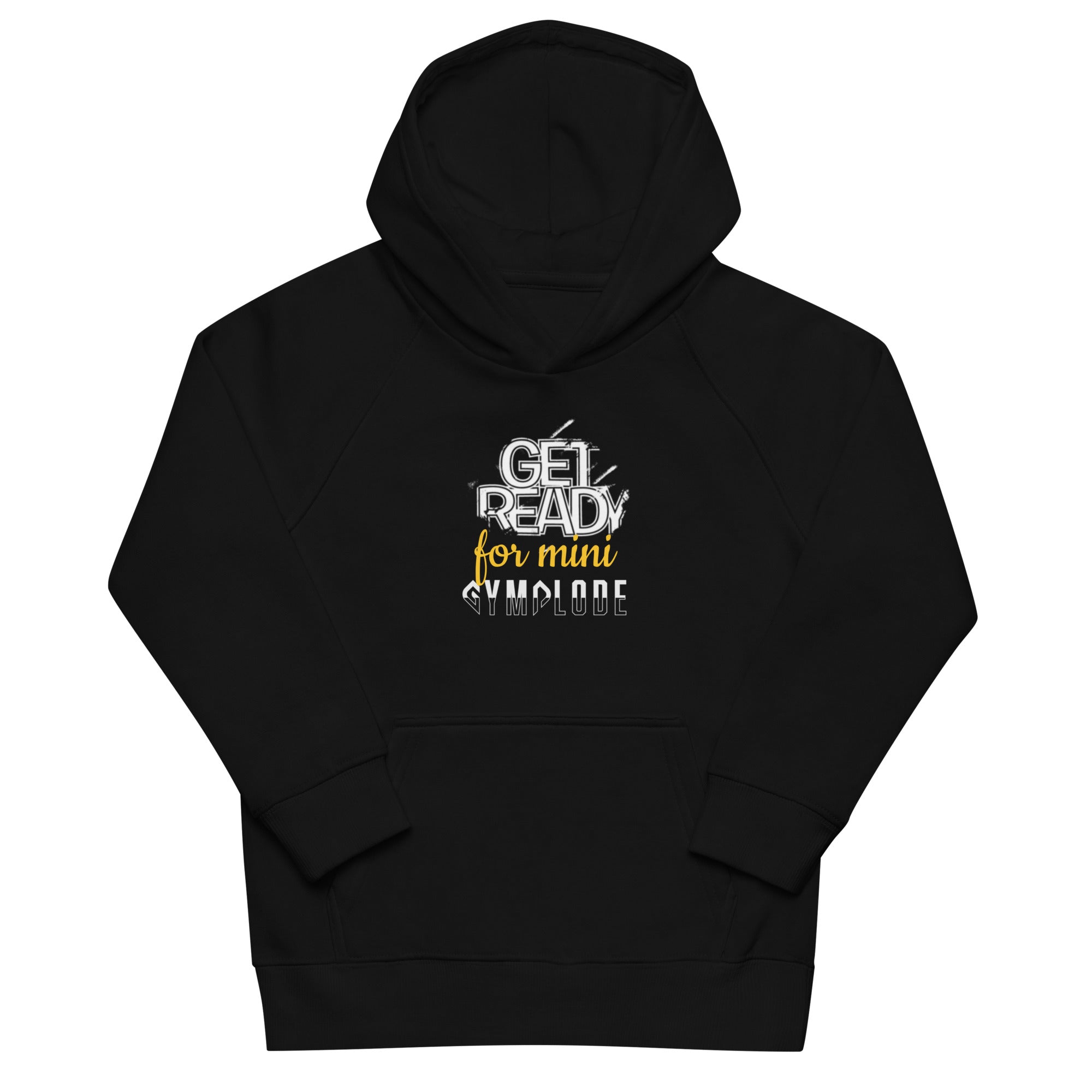 Kids comfy fit unisex black Gymplode hoodie with signature logo, front view
