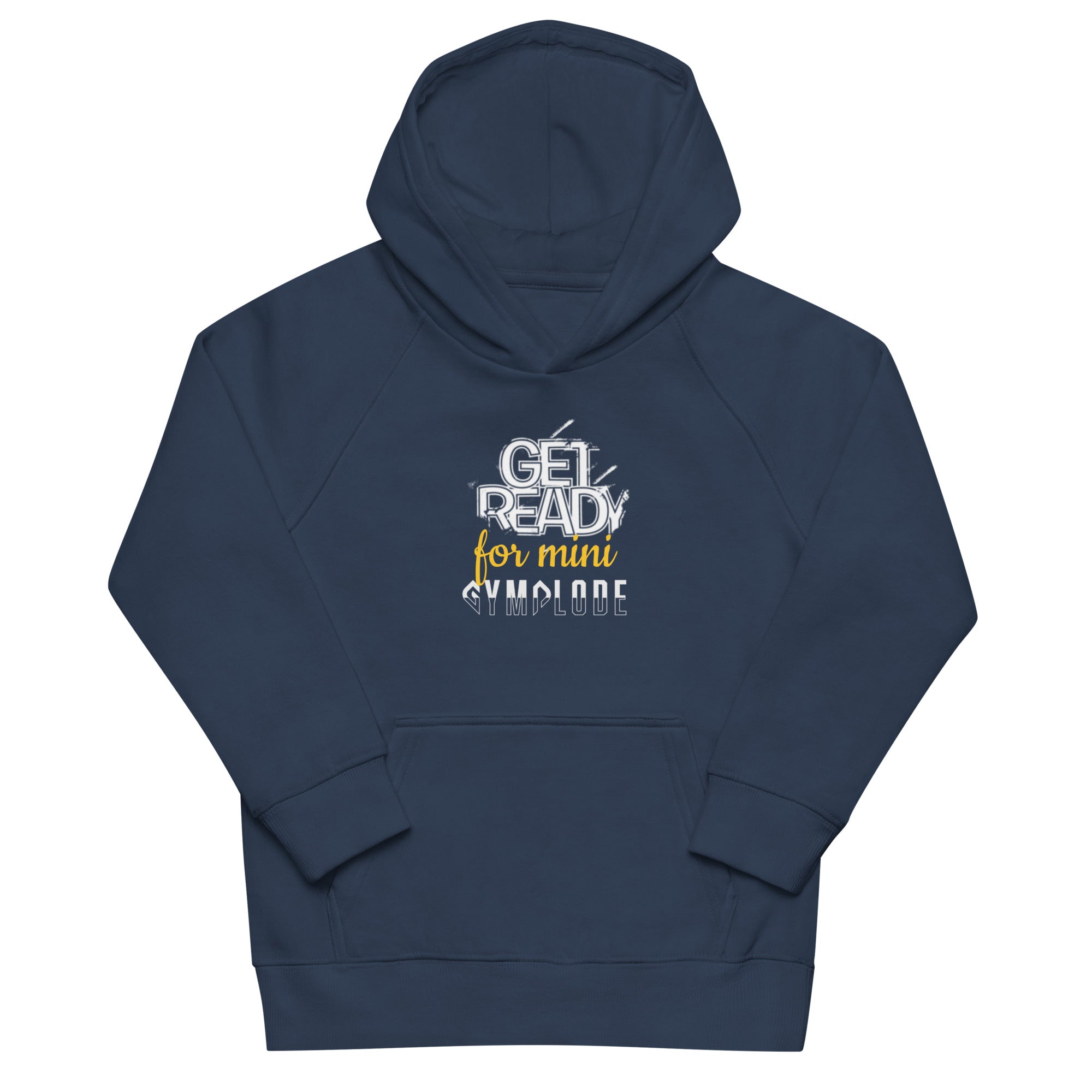 Kids comfy fit unisex French navy Gymplode hoodie with signature logo, front view