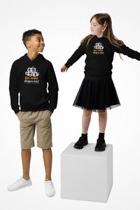 Kids comfy fit unisex Get Ready for mini Gymplode hoodie with signature logo, front view with model