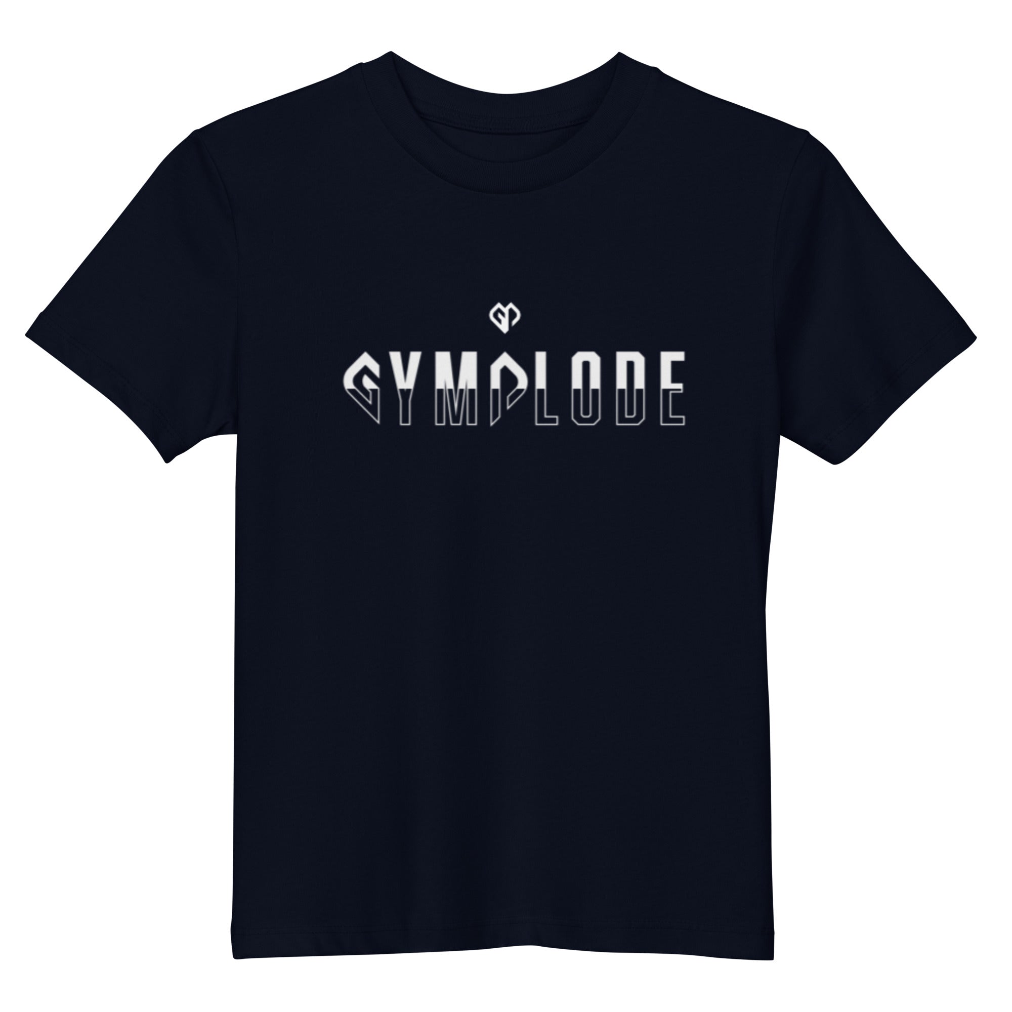 Kids cute french navy Gymplode t-shirt with dual mark imprint