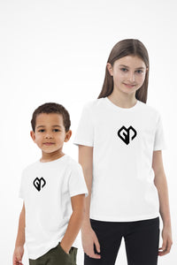 Kids fashionable unisex Gymplode t-shirt with icon logo, front view with model