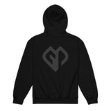 Kids performance unisex black Gymplode hoodie with icon logo, back view