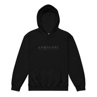 Kids performance unisex black Gymplode hoodie with signature logo, front view